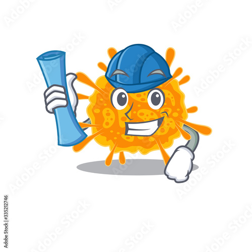 Cartoon character of nobecovirus brainy Architect with blue prints and blue helmet
