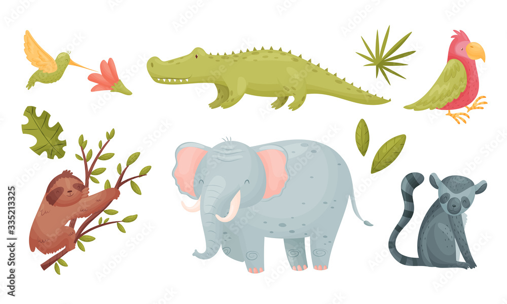 African Animals with Toothy Crocodile and Sloth Sitting on Tree Branch Vector Set