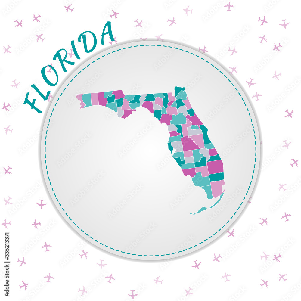 Florida map design. Map of the US state with regions in emerald-amethyst color palette. Rounded travel to Florida poster with US state name and airplanes background. Cool vector illustration. Florida map design. Map of the US state with regions in emerald-amethyst color palette. Rounded travel to Florida poster with US state name and airplanes background. Cool vector illustration.