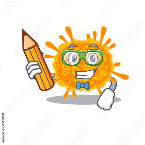 A brainy student nobecovirus cartoon character with pencil and glasses