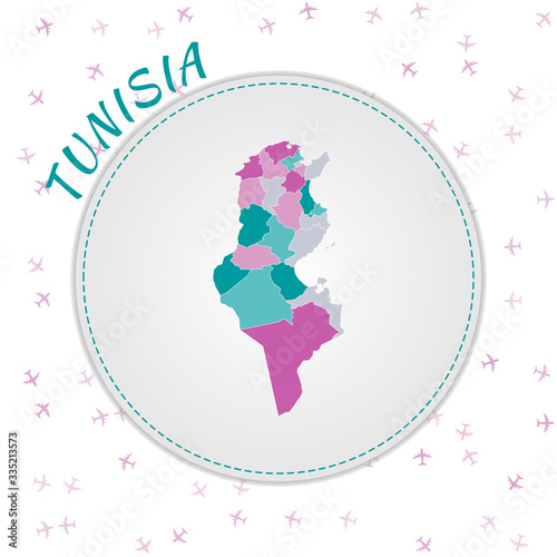 Tunisia map design. Map of the country with regions in emerald-amethyst color palette. Rounded travel to Tunisia poster with country name and airplanes background. Classy vector illustration.