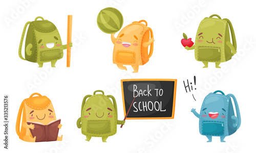 Funny Backpacks Reading Book and Eating Apple Vector Set