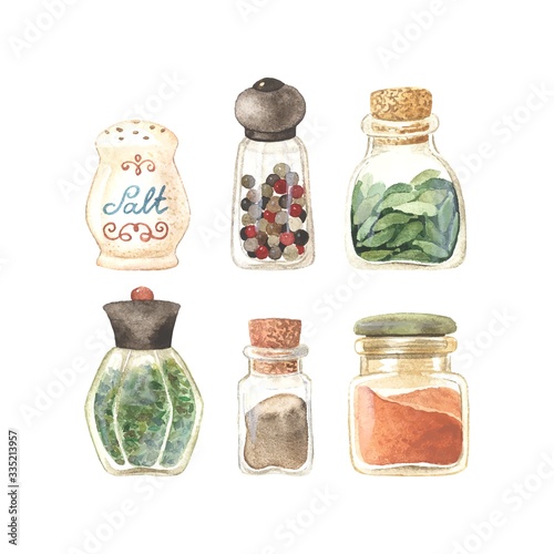Spices in jars. Vector watercolor illustration in vintage style. Set isolated spices pepper mix, cardamom, salt, pepper ground, paprika and green mix for your design.