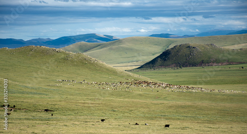 Picturesque mountains and hills on a cloudy day against the background of dark clouds. Mongolia