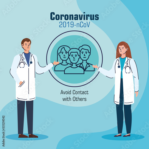 doctors recommending avoid contact with others for avoiding covid 19 vector illustration design