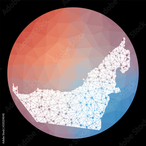 Vector network UAE map. Map of the country with low poly background. Rounded UAE illustration in technology, internet, network, telecommunication concept style. Charming vector illustration.