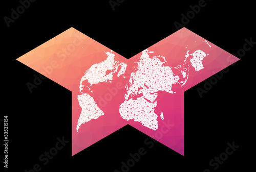 World network map. Collignon butterfly projection. Wired globe in Polyhedral Collignon projection on geometric low poly background. Radiant vector illustration.