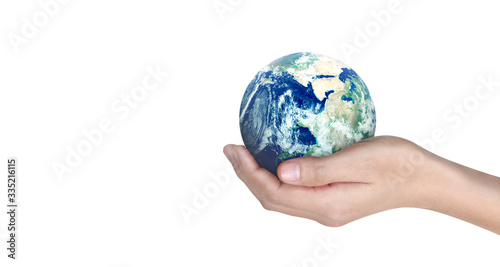 Globe , earth in human hand, holding our planet glowing. image provided by Nasa