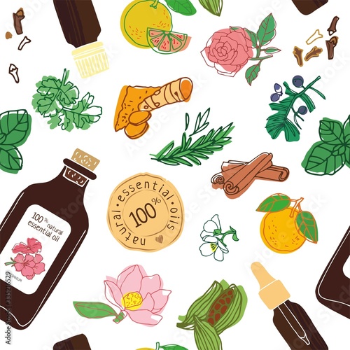Seamless pattern with bottles with essential oils and fruits, flowers, plants on white background. Cosmetic, perfumery and medical essential oils for card, wrraping paper. Cute vector illustration