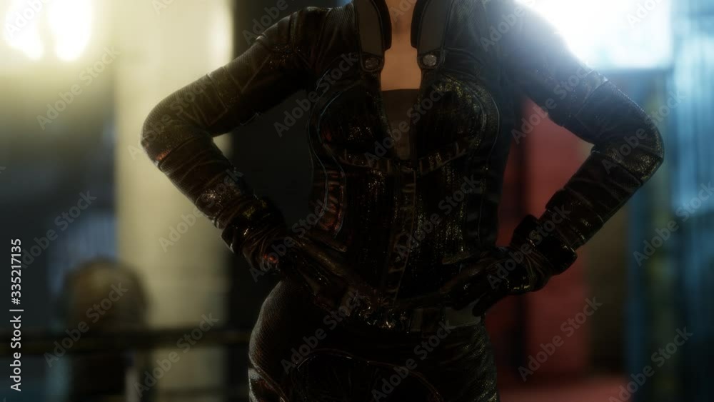 Futuristic cyberpunk style young woman with neon bokeh lights