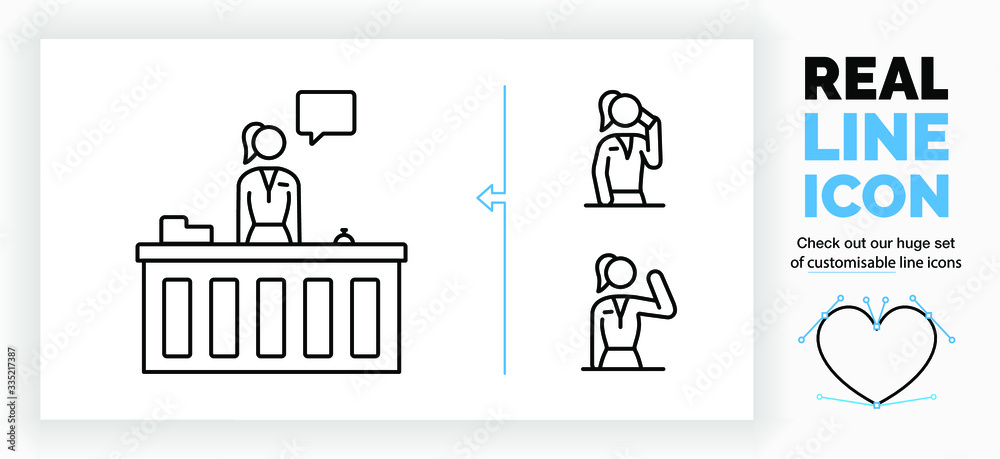 Editable real line icon of a standing stick figure receptionist working at the reception to help a customer and talk with a speech bubble and two symbols of the woman talking on the phone and waving 