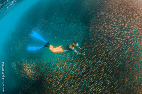 Female Diver Swimming Through a Huge Bait Ball or Tiny Fish photo