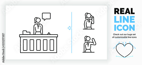 Editable real line icon of a standing stick figure receptionist working at the reception to help a customer and talk with a speech bubble and two symbols of the woman talking on the phone and waving 