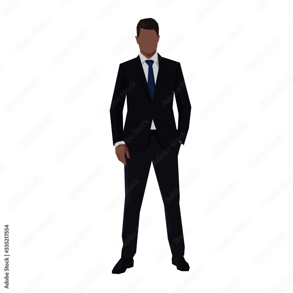 Businessman in suit standing with hand in pocket, isolated vector flat design illustration Businessman in suit standing with hand in pocket, isolated vector flat design illustration
