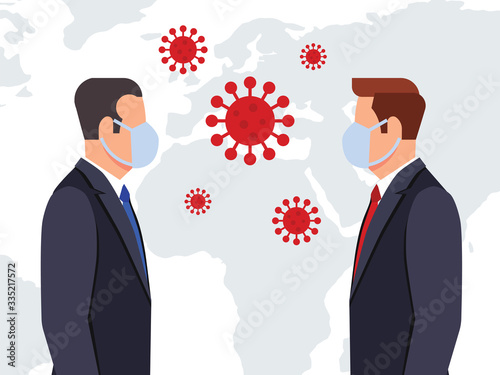 Two businessmen face to face wearing masks. Epidemic, flu protection, avoiding virus. COVID-19 prevention.