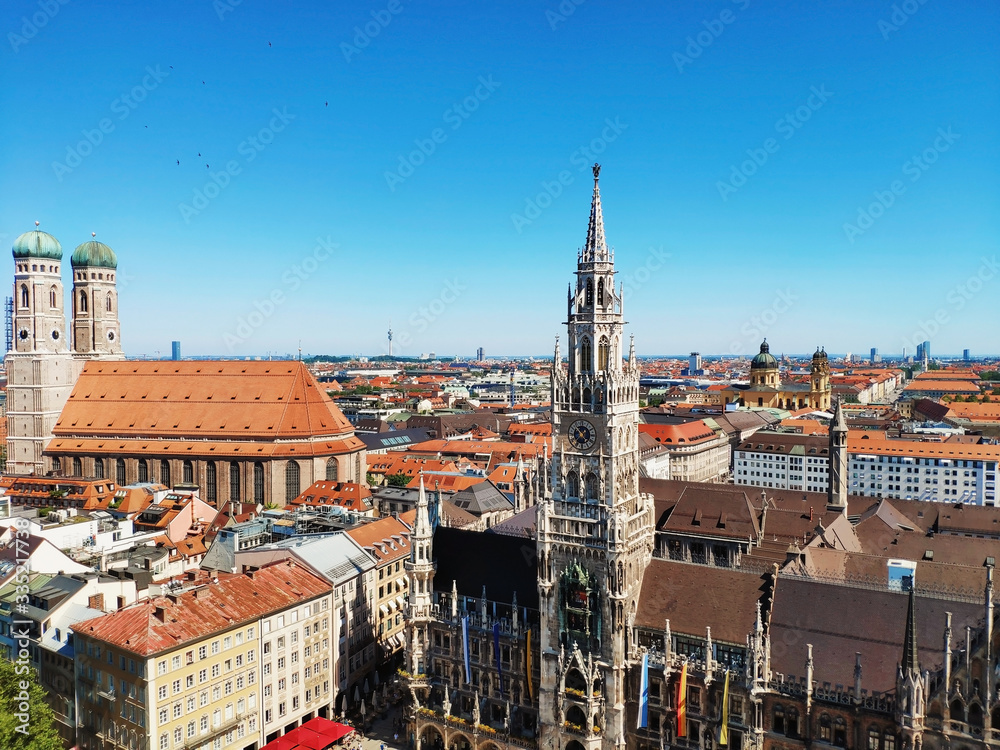 Fototapeta premium Panorama view of city with Marienplatz town hall and Church of Our Lady Frauenkirche of Munich, Germany