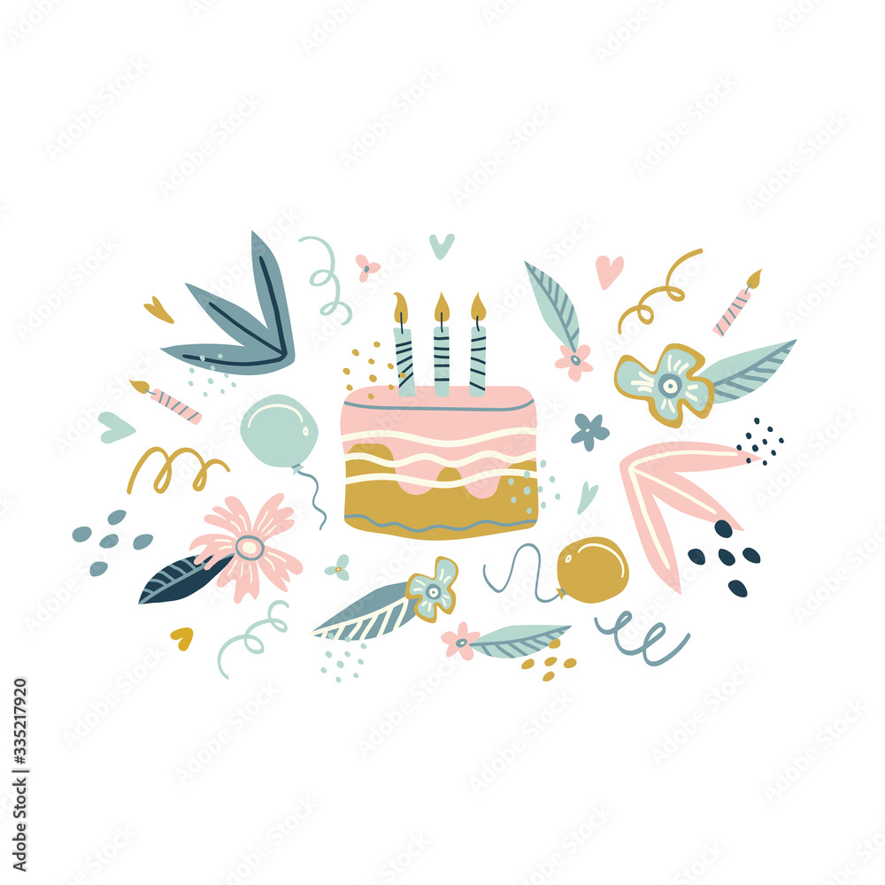 Happy Birthday hand drawn vector lettering. Doodle floral background and hand made text. 
Lettering for design gift card, shop sale advertising, bag print, positive poster, book cover, workshop invita