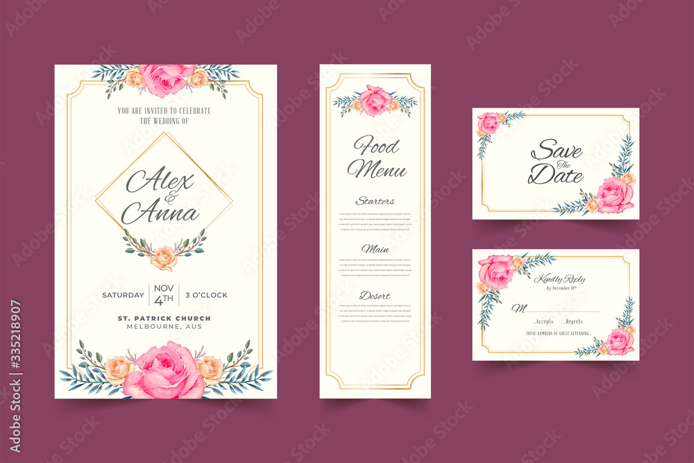 Wedding card template with beautiful watercolor floral wreath Premium Vector
