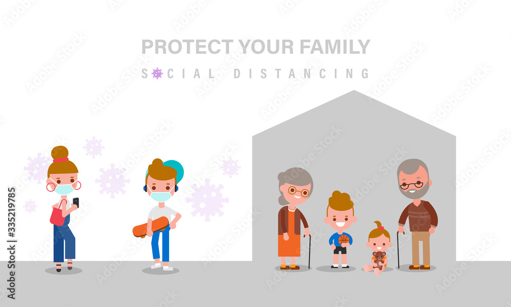 Social Distancing, Elderly and child should stay at home for safety during Covid-19 virus pandemic. People keeping distance. vector illustration in flat design style cartoon.