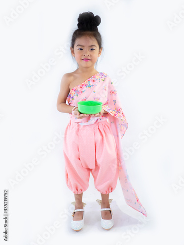 children girl in traditional Thai dress  for Welcome Songkran Festival on white background