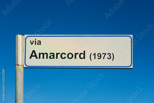 Sign of Amarcord street in Rimini