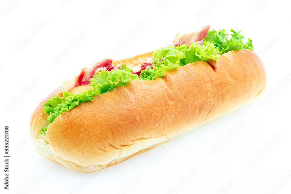 Sandwich Bread hot dog with lettuce, ketchup and Chicken. Sausage & bun. isolated on white background. Sandwich Bread hot dog with lettuce, ketchup and Chicken. Sausage & bun. isolated on white background.