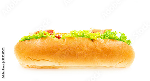 Sandwich Bread hot dog with lettuce, ketchup and Chicken. Sausage & bun. isolated on white background.