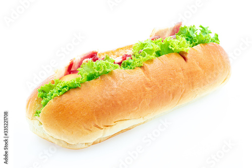 Sandwich Bread hot dog with lettuce, ketchup and Chicken. Sausage & bun. isolated on white background.