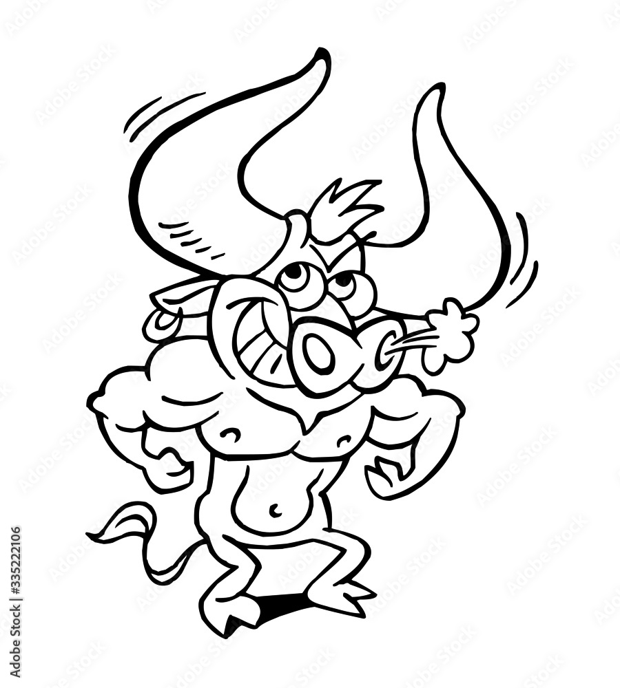 Bull with big horns showing muscles, bigger is better, black and white cartoon