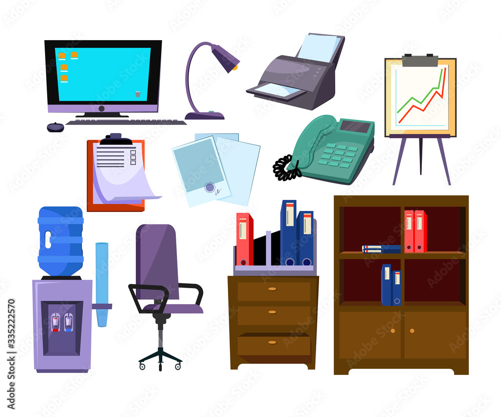 Office attributes illustration set. Computer, telephone, chair. Office concept. Can be used for topics like business, stationery, equipment