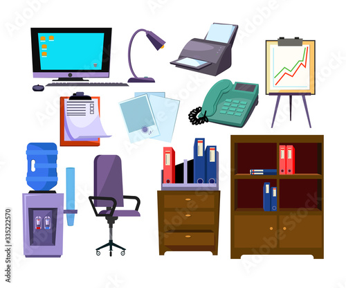 Office attributes illustration set. Computer, telephone, chair. Office concept. Can be used for topics like business, stationery, equipment