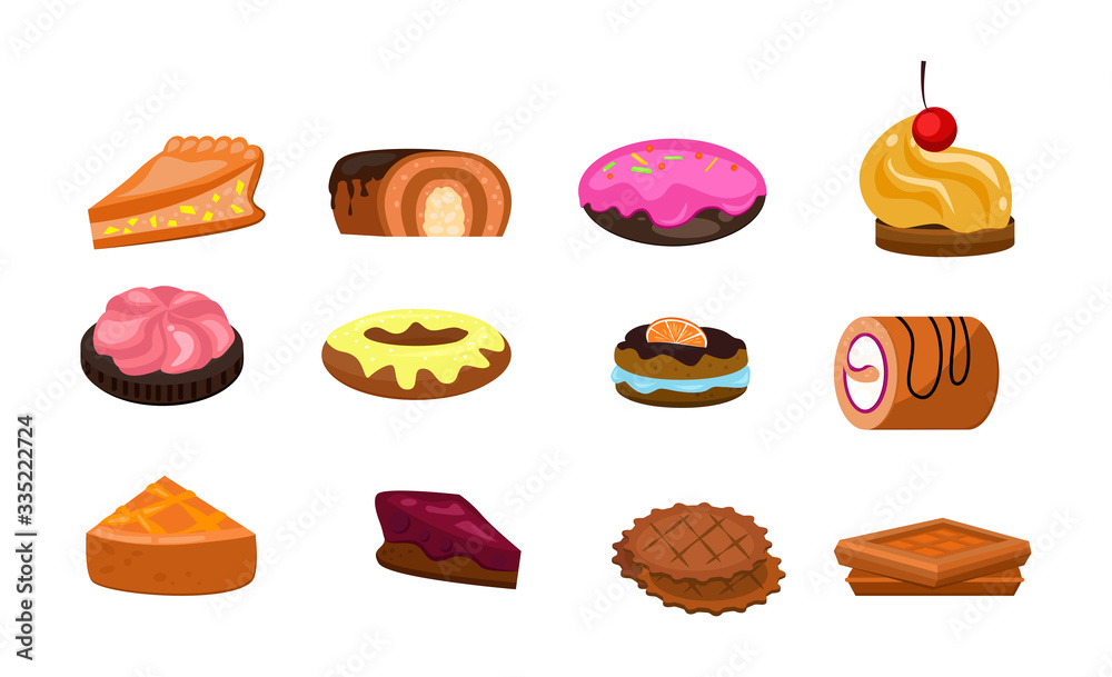 Dessert set illustration. Different sweet desserts on white background. Confectionery concept. illustration can be used for topics like bakery, sweet, food