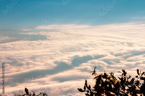 Morning Fog on mountain and sunrise background,Landscape mountain and sunrise background view.