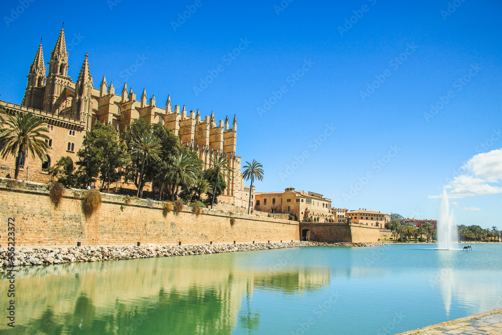 Palma, Mallorca / Spain - March 26 2018: Cathedral of Santa Maria of Palma also known as La Seu, located in the capital Palma de Mallorca, both the city and the church are popular with tourists