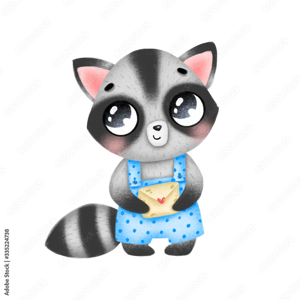 Cute little raccoon in blue overalls with a letter on a white background