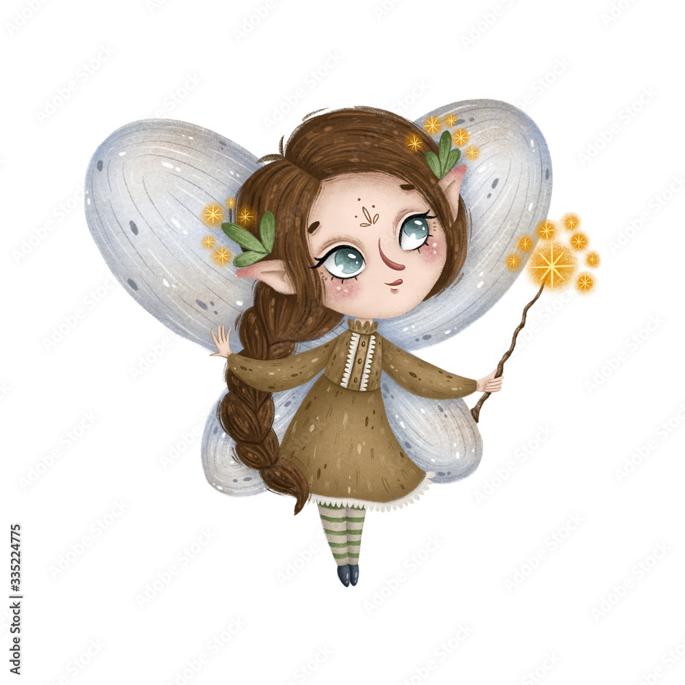 Fototapeta premium Cute little forest fairy with a magic wand on a white background