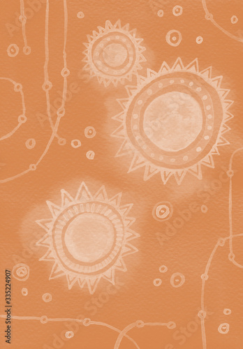 Peach watercolor abstract stars and suns. Geometrical background in tribal bohemian style. Hand painted raster illustration.