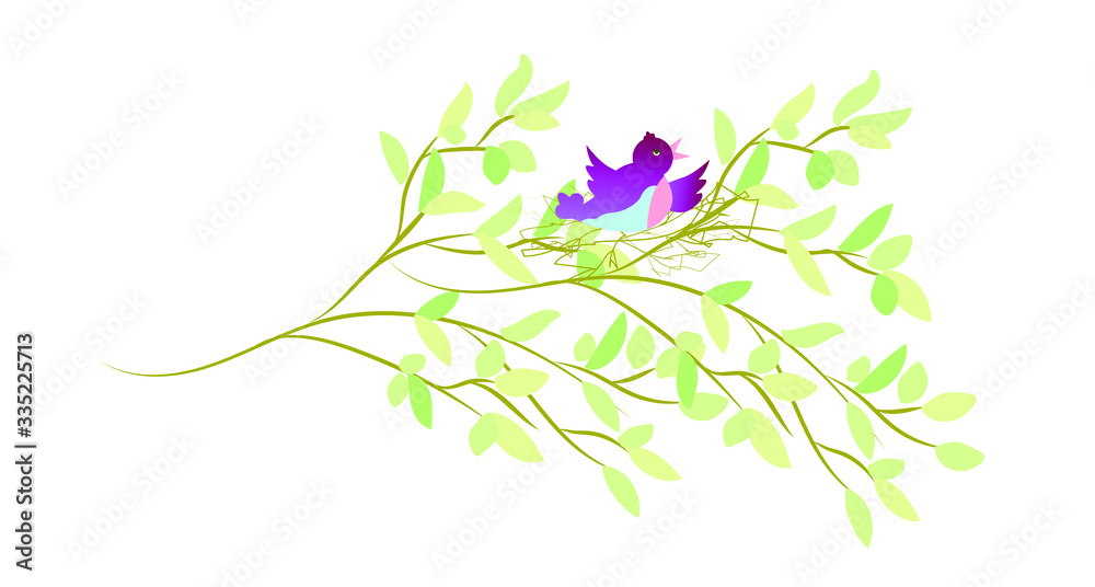 Bird on a branch with leaves. Vector illustration.