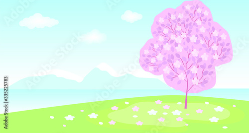 Landscape with a pink tree  a river  mountains  pink flowers. Vector illustration.