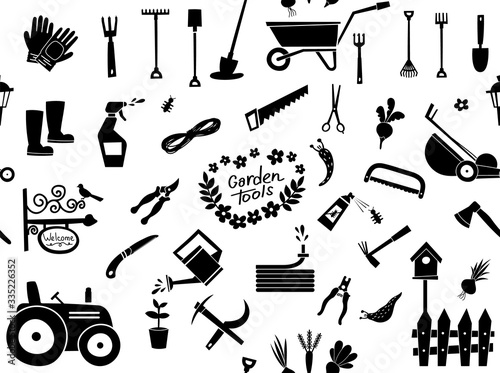 Big gardening pattern icons set and design elements. Garden tools and decor collection, isolated pattern on a white background.