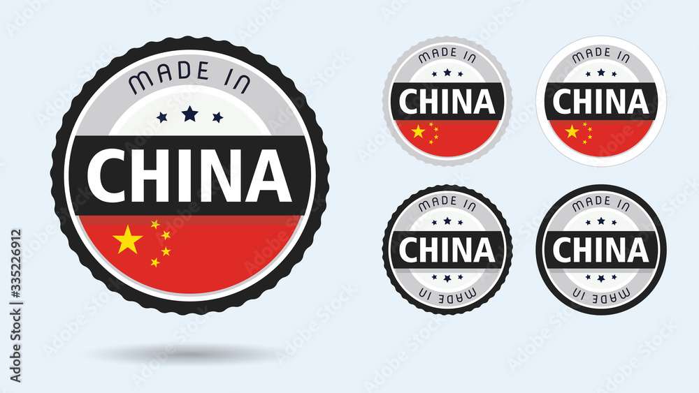 Made in China. Set of labels and badges. Merchandise tag with Chinese flag.
