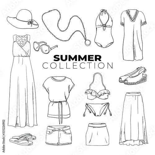 Doodle set of Summer fashion Collection – Bag, sunglasses, bikini, swimsuit, flip-flops, sun hat, skirt, dress, shorts, shirt, chain, summer look outfit hand-drawn. Vector sketch illustration isolated
