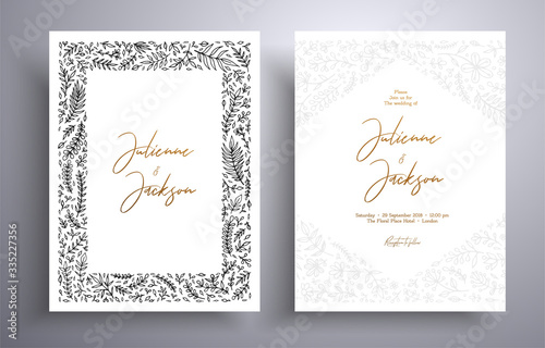Elegant invitation with frame of leaves and flowers. Botanical template with space for your text. Beautiful cards that can be used for design cover, invitation, greeting cards, brochure and etc © Mirror Flow