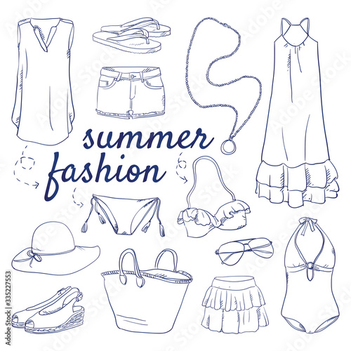 Doodle set of Summer fashion Collection – Bag, sunglasses, bikini, swimsuit, flip-flops, sun hat, skirt, dress, shorts, shirt, chain, summer look outfit hand-drawn. Vector sketch illustration isolated