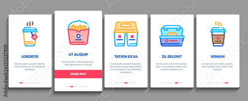 Take Away Food And Drink Delivery Onboarding Mobile App Page Screen Vector. Cooked Pizza And Chicken Box, Tea And Coffee Cup, Take Away Collection Color Contour Illustrations