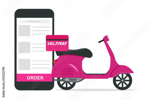 delivery food online concept.pink scooter on mobile application