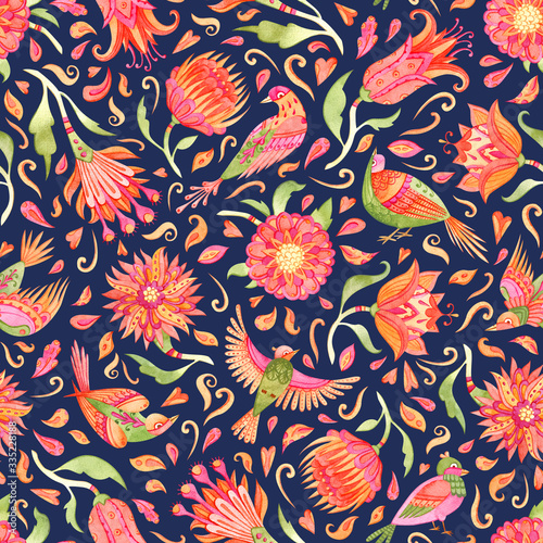 Colorful watercolor seamless pattern with cute birds on blue background. Fairytale folk hand painted illustration.