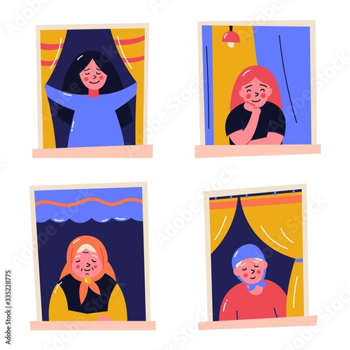 Cute girl and grandmother sit at home and look out the window. Vector illustration