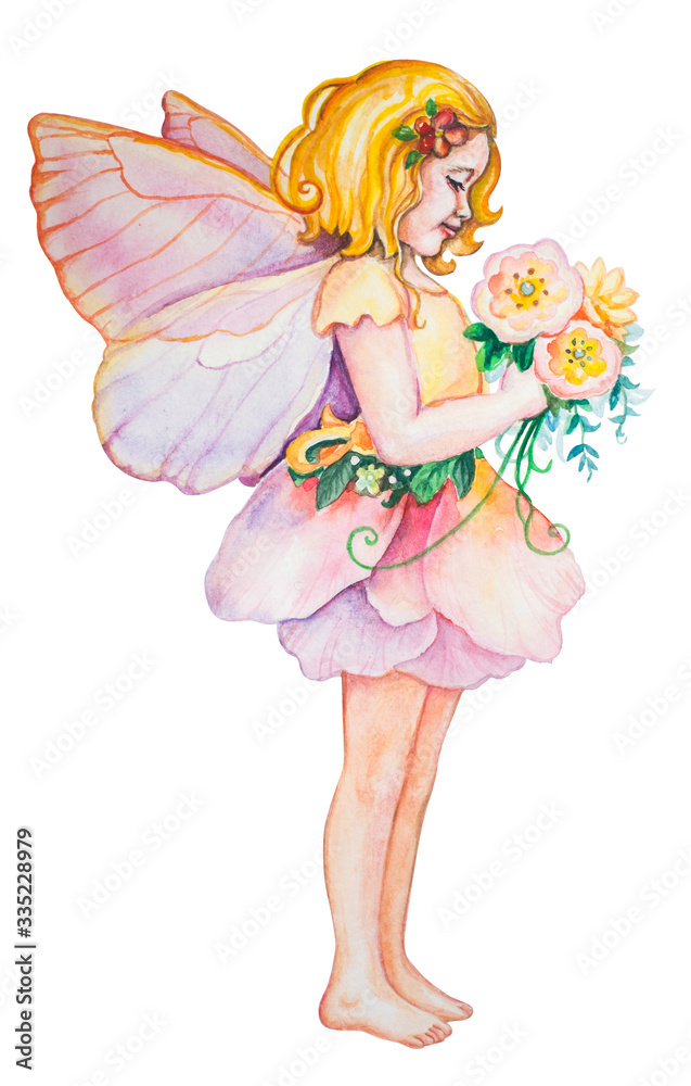 Hand drawn beautiful cute little fairy girl in pink dress isolated on a white background. Watercolor illustration Hand drawn beautiful cute little fairy girl in pink dress isolated on a white background. Watercolor illustration