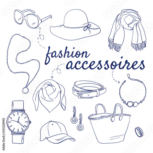 Doodle set of Fashion Accessoires Collection – accessory, bag, beauty, handbag, luxury, jewelry, belt, chain watch, cap, earing, bangle, bracelet, scraf, bandana, hand-drawn. sketch illustration
